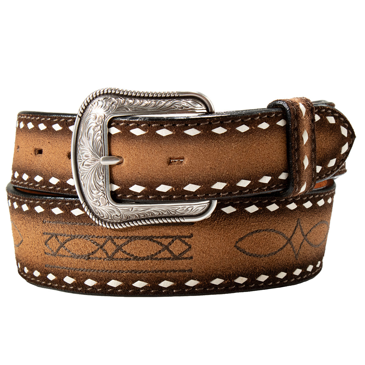 Men's 3D Brown Genuine Leather Belt with Stitching D100019402