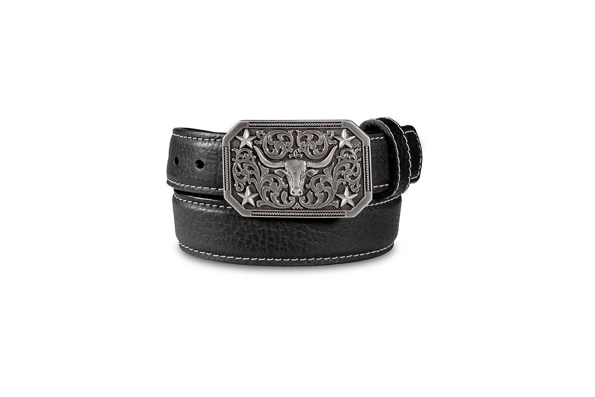 3D Boy's Black Leather Belt with Longhorn Rectangle Buckle D120001201