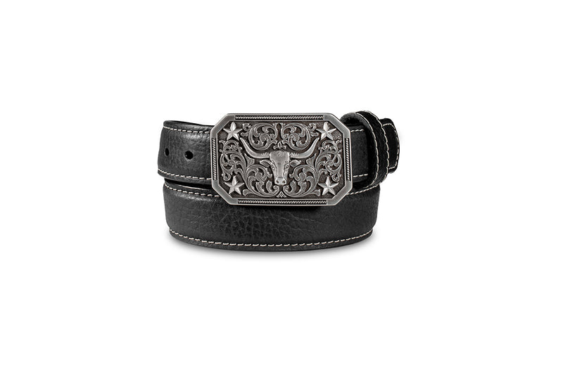 3D Boy's Black Leather Belt with Longhorn Rectangle Buckle D120001201