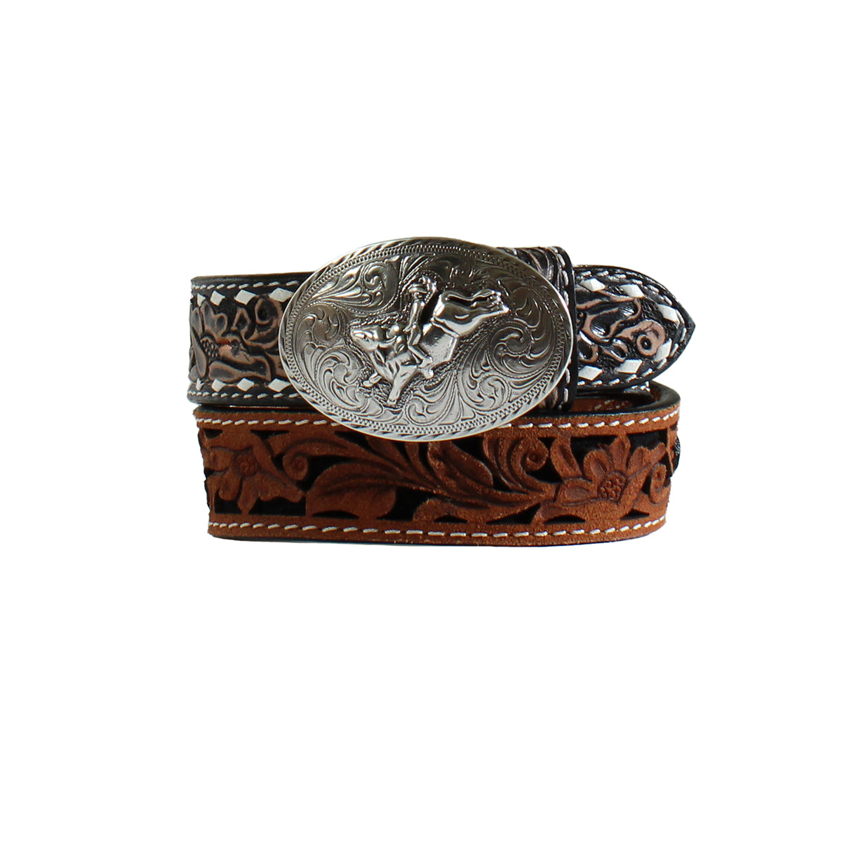 Boy's 3D Brown Tooled Floral Design Belt D120002702