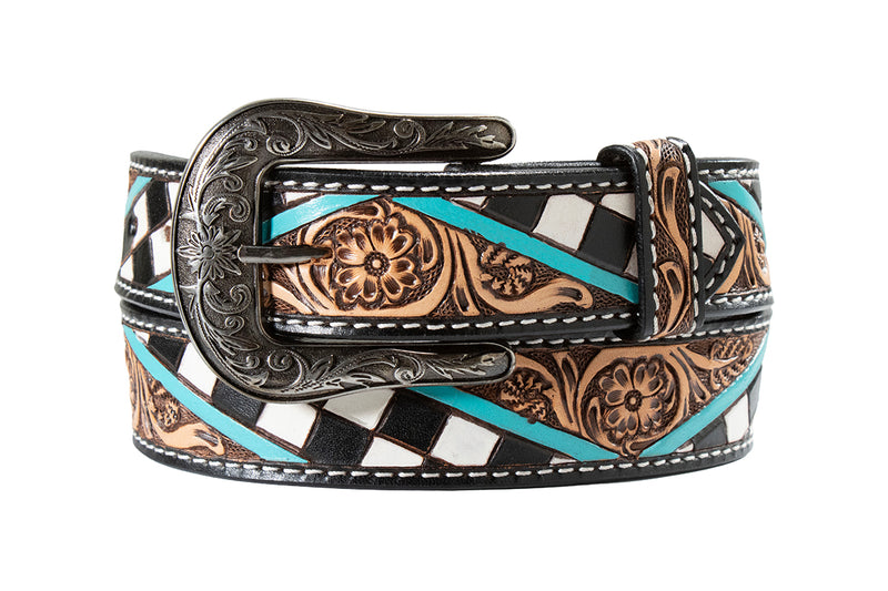 Angel Ranch Women's Checkerboard Hand Painted Tooled Leather Belt