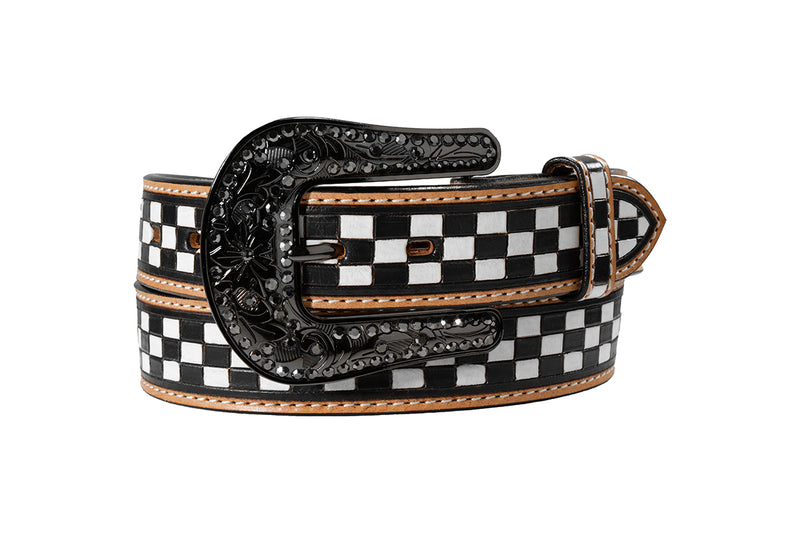 Angel Ranch Women's Black and White Checkered Leather Belt 