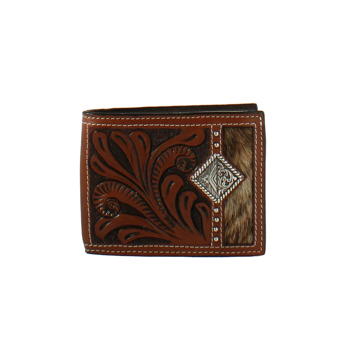 3D Men's Tooled Leather and Calf Hair Concho Bifold Wallet 