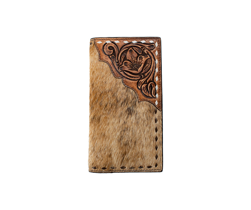 3D Men's Rodeo Style Cowhide Wallet with Floral Tooled Overlay