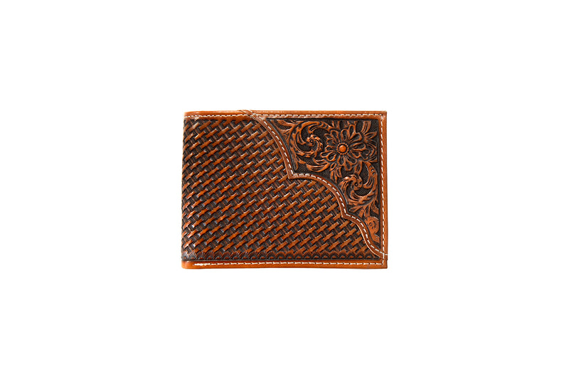 3D Men's Basket Weave Flower Tooled Bifold Wallet 