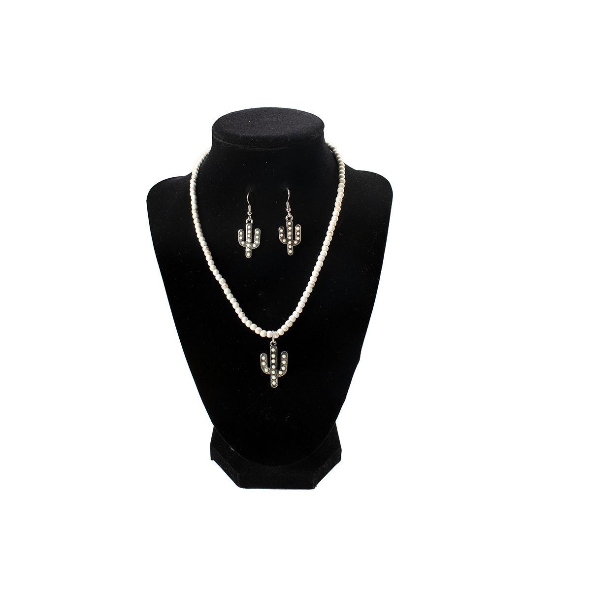 Women's Silver Strike White Beaded Cactus Earring and Necklace Set D450023805