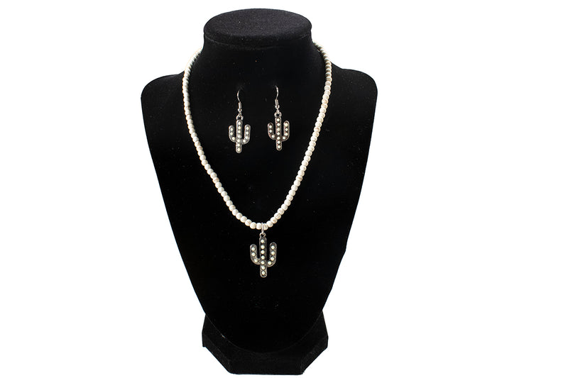 Women's Silver Strike White Beaded Cactus Earring and Necklace Set D450023805