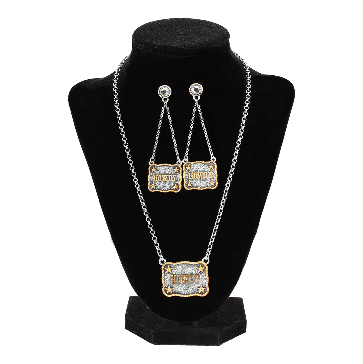 Women's Silver Strike Gold Stars and "Howdy" Necklace and Earrings Set D450024697