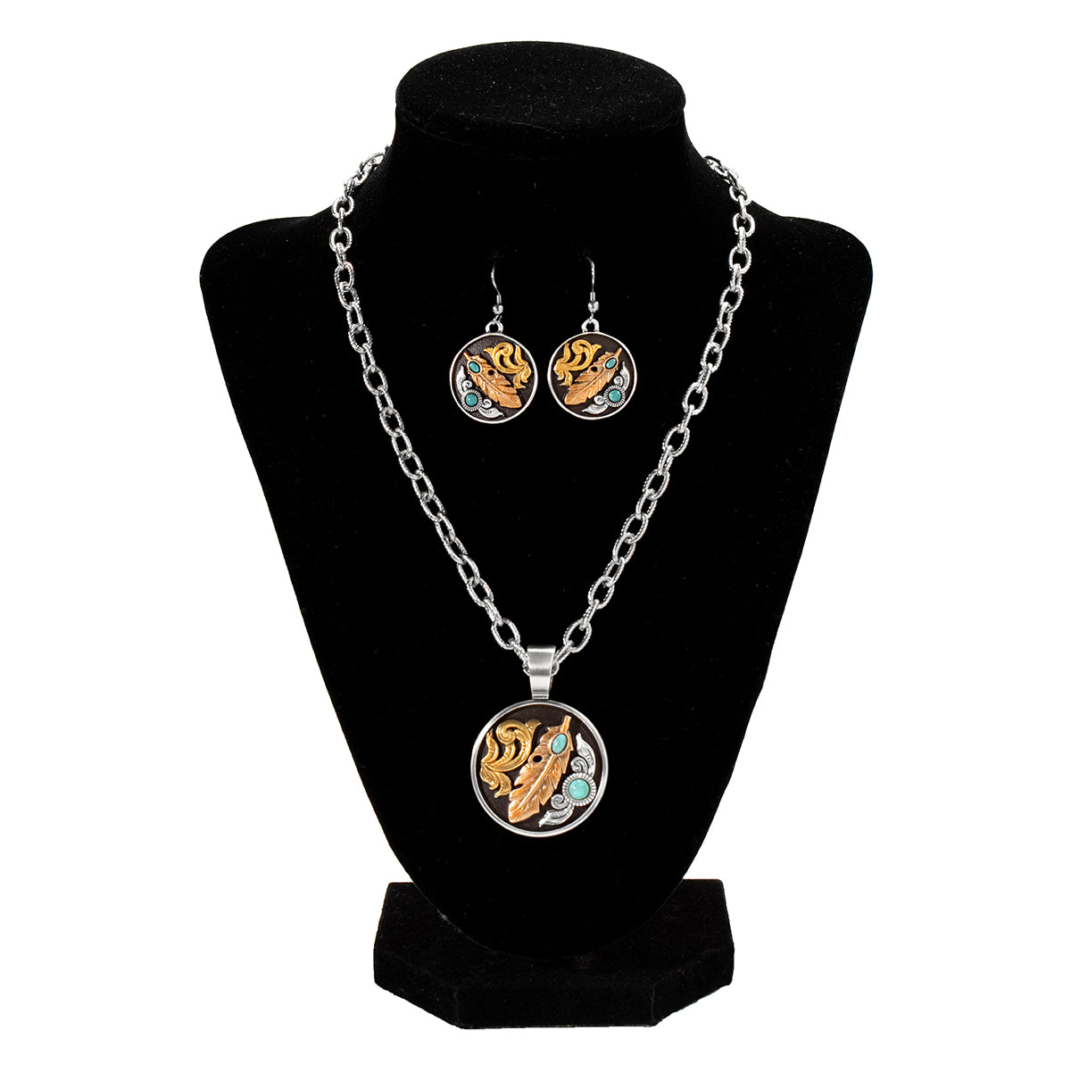 Women's Silver Strike Round Pendant Earrings and Necklace Set D450024897