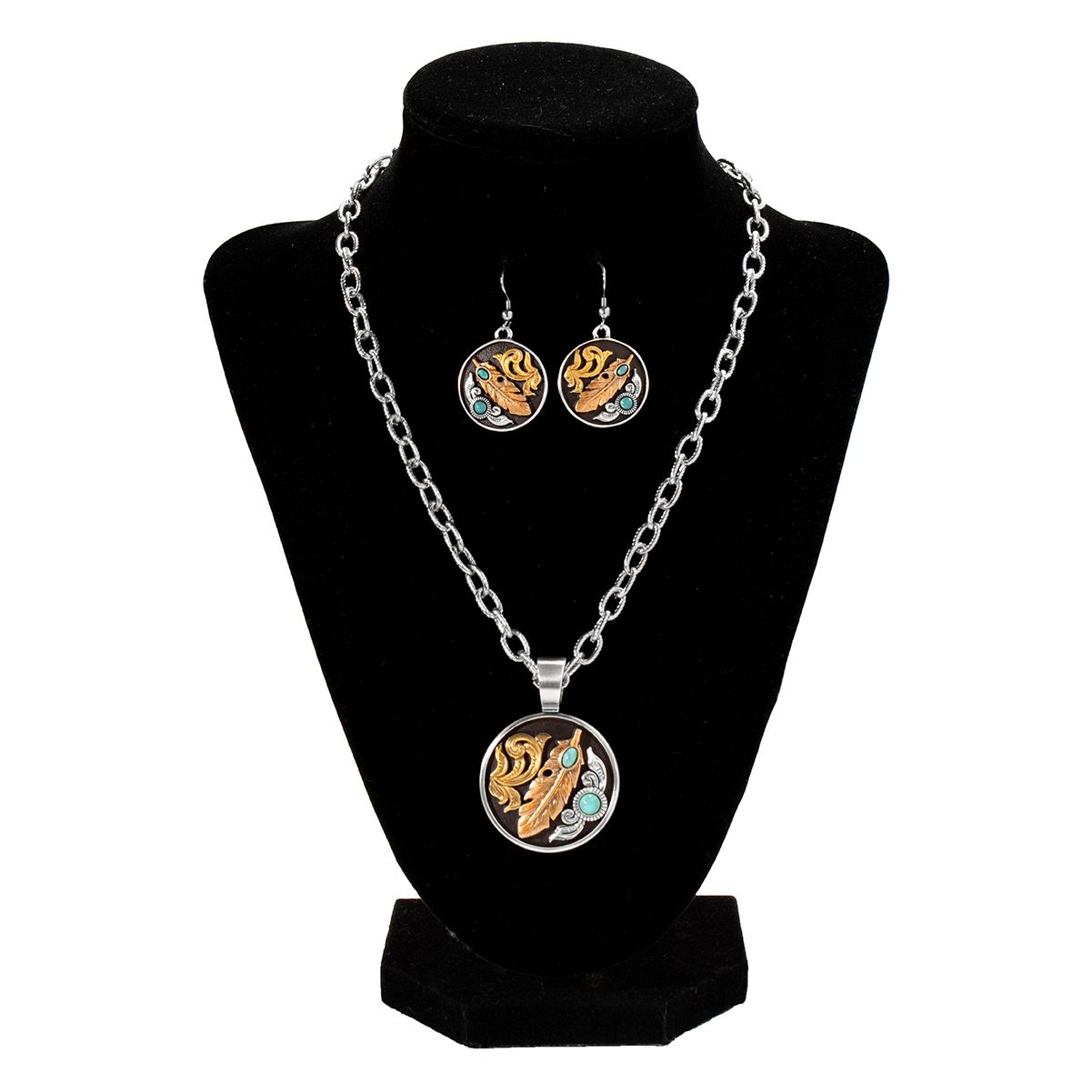 Women's Silver Strike Round Pendant Earrings and Necklace Set D450024897