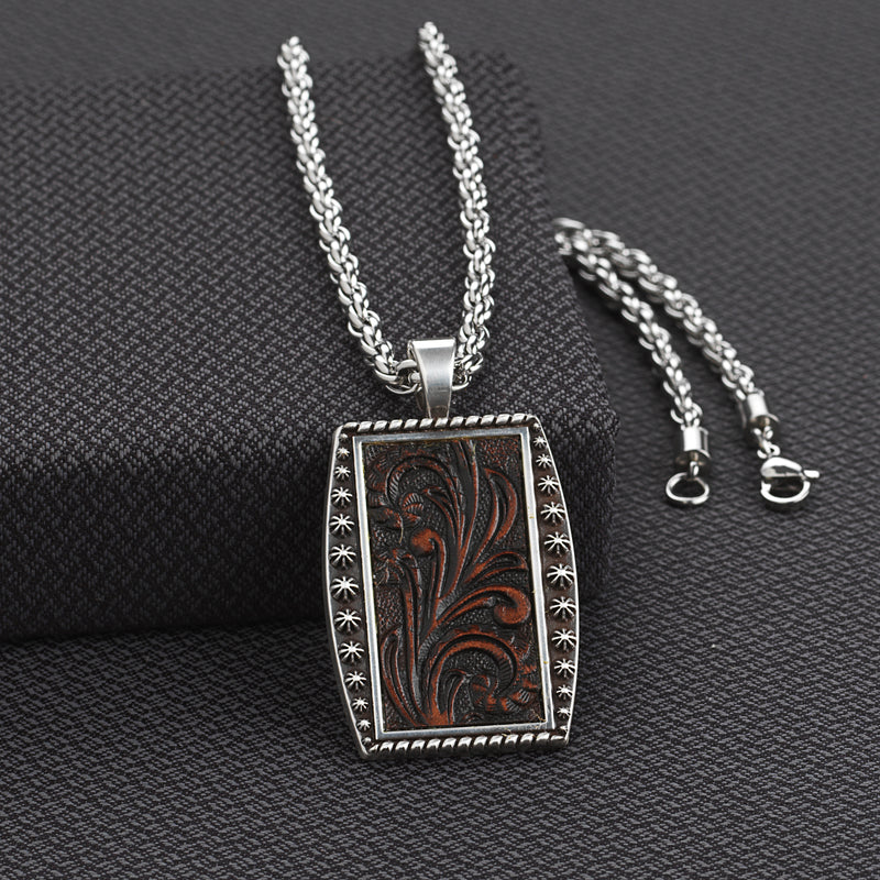 Men's Silver Strike Chain with Embossed Leather Pendant D47013