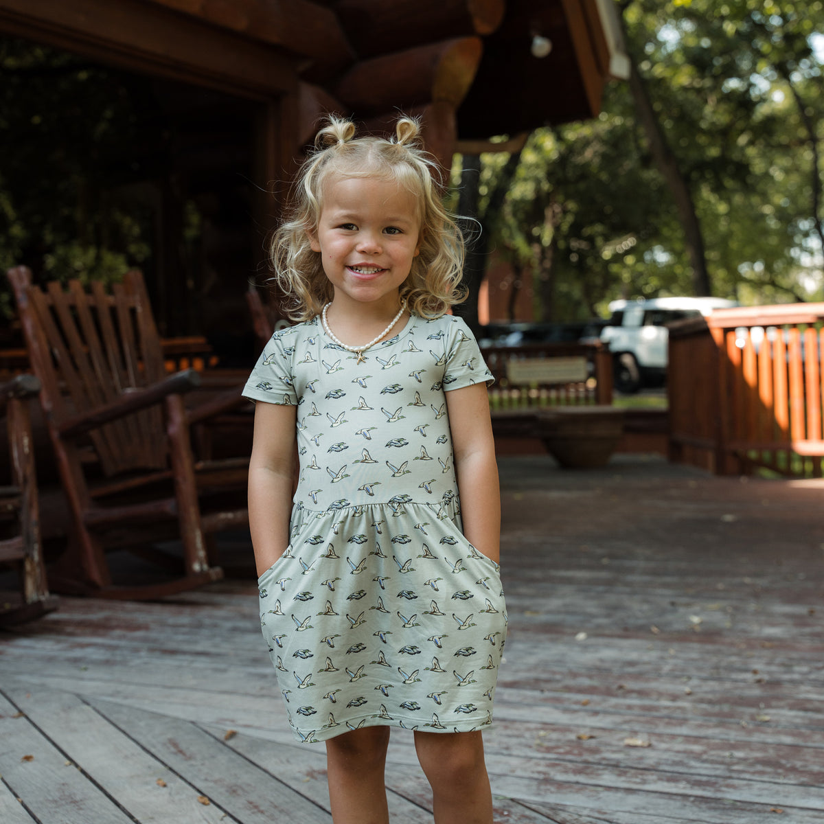 Youth Moxie Dress | Flying Ducks Green