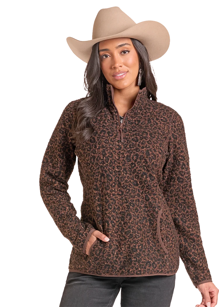 Panhandle Women's Brown Cheetah Quarter Zip Pullover DW91C09294