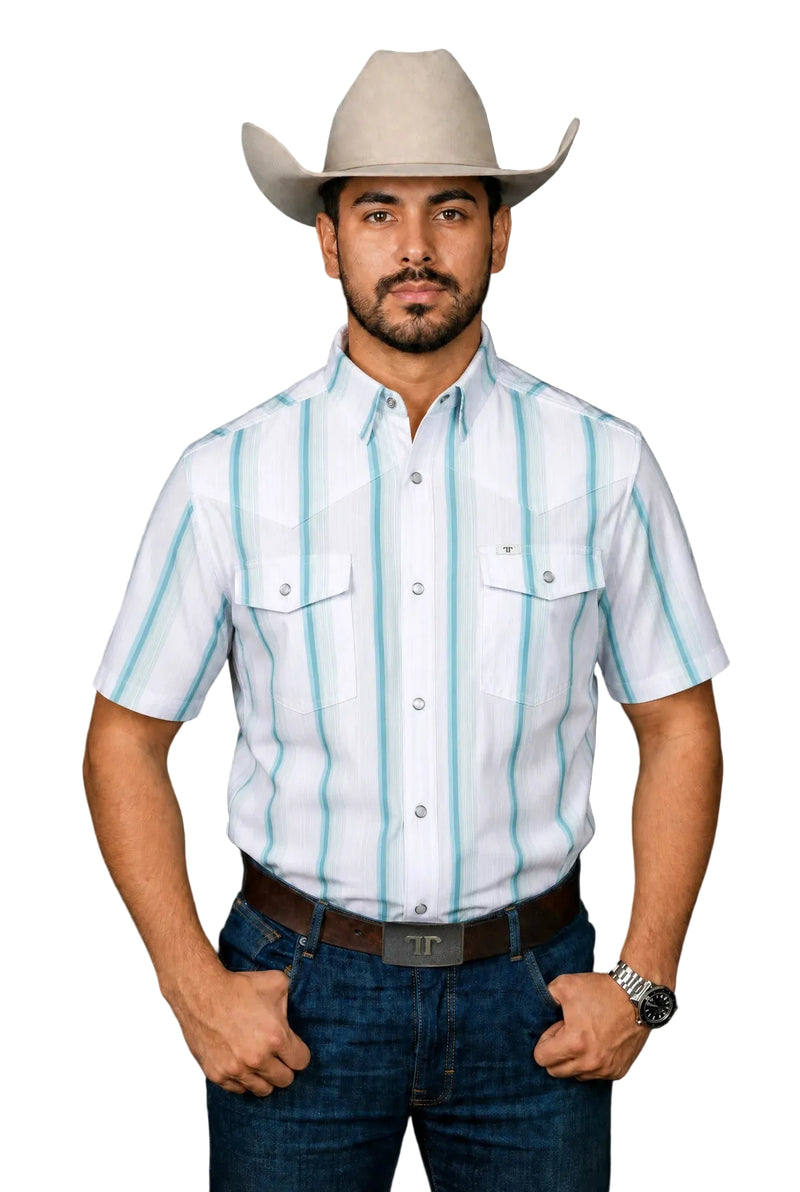 Men's Ferrell Short Sleeve The Tristan in Gray/Green Striped Pearl Snap Shirt FPS1026116