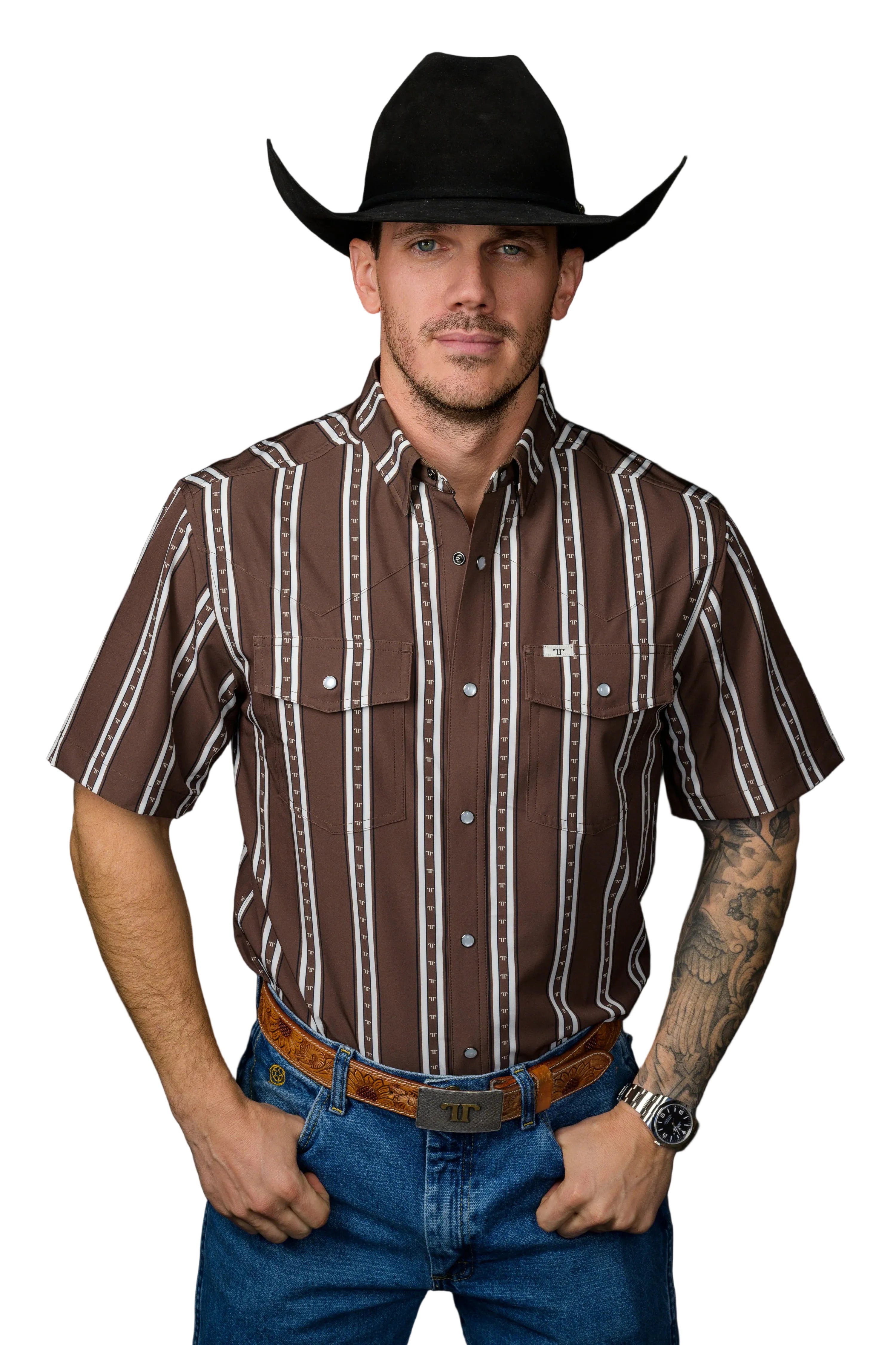 Ferrell Men's The Tucker Short Sleeve Pearl Snap Shirt in Brown FPS1026186