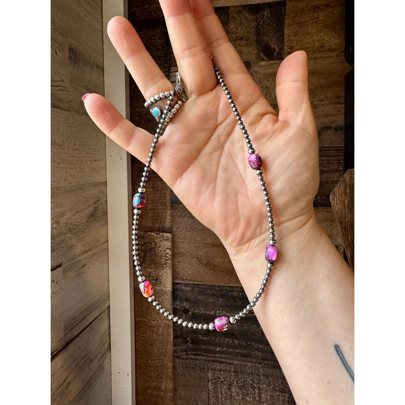 Bijoux Fab 5 Pink Dye Turquoise Choker and Sterling Silver Pearls CHO-NAV-130-TUR