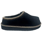 Navy slipper with decorative trim on a white background