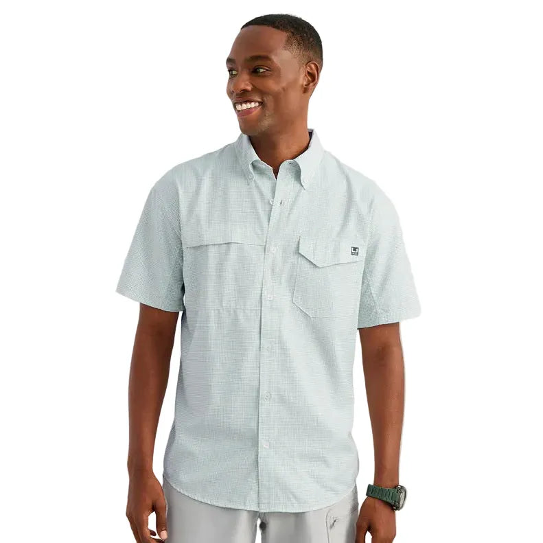 Men's Huk Heron Blue Mini Check Tide Point Short Sleeve Button-Down H1500220-395