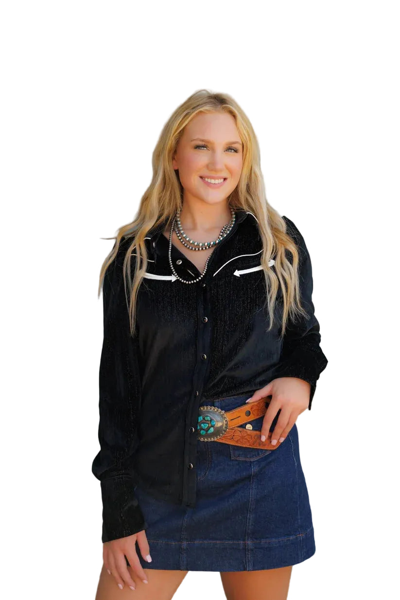 Howdy Hanny Women's Black Long Sleeve Velvet Snap Shirt 