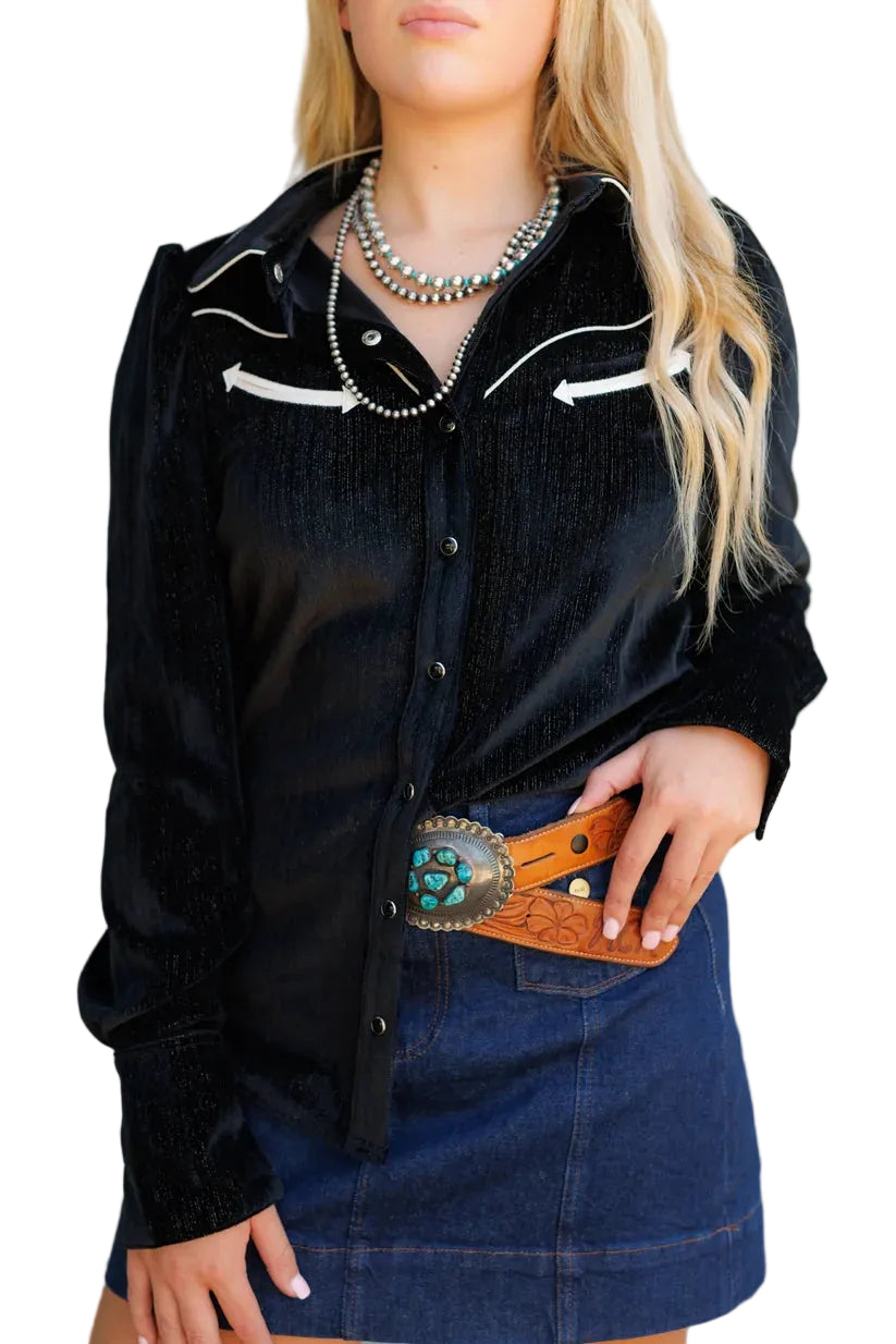 Howdy Hanny Women's Black Long Sleeve Velvet Snap Shirt 