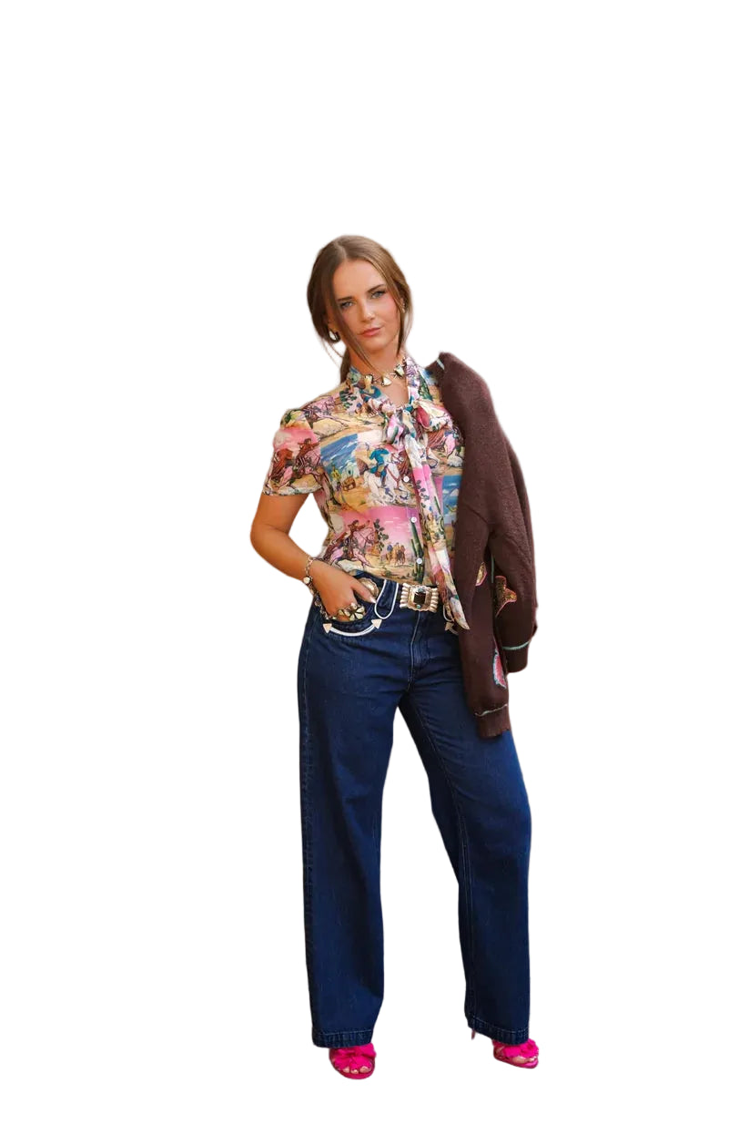 Howdy Hanny Women's Pink Out West Square Tie Top 