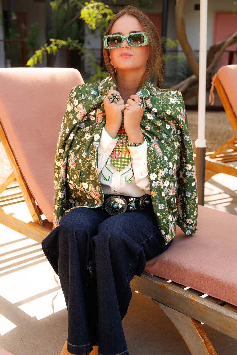 Howdy Hanny Women's Green Cowboy Corduroy Flower Horse Blazer