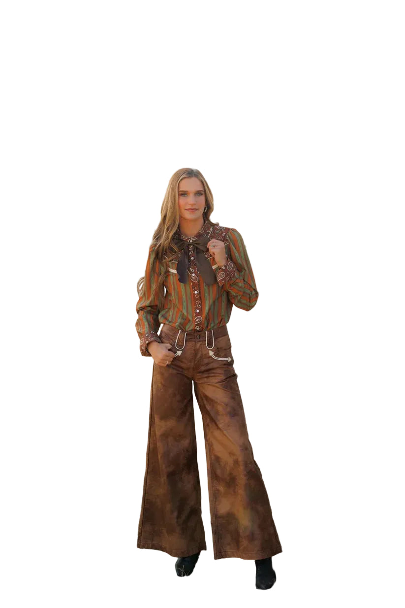 Howdy Hanny Women's Brown Leather Smiley Wide Leg Pants 