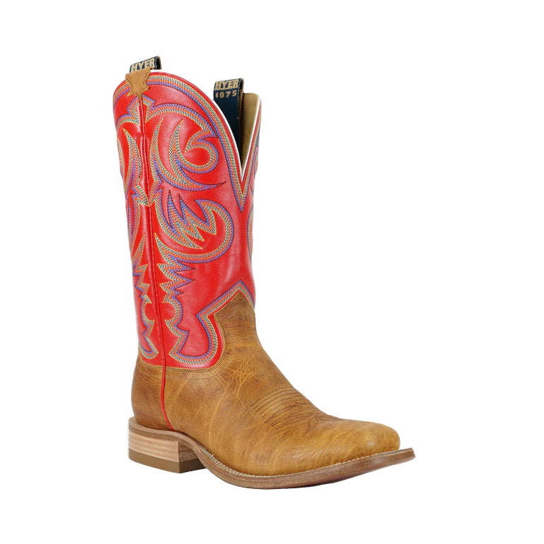 Brown cowboy boot with red interior on a white background