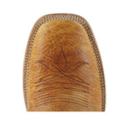 Brown leather product with embossed design on a light gray background
