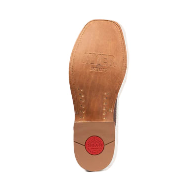 Brown leather shoe sole with a visible brand logo on a light gray background