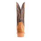 Brown cowboy boot with intricate design on a white background