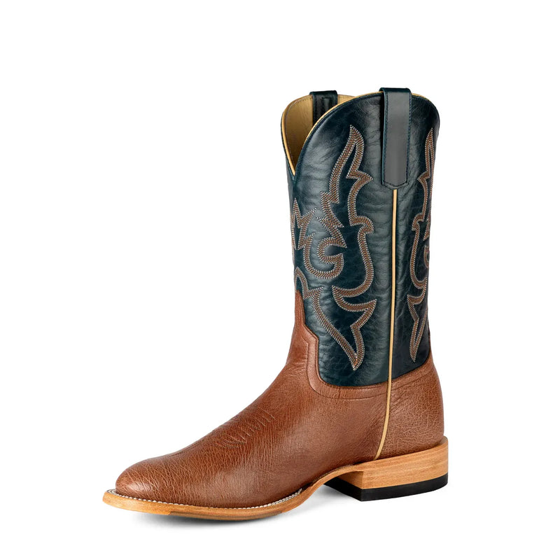 Sombrero de avestruz Horse Power Top para hombre, color marrón ron, con pluma lisa y parte superior azul marino de 11 pulgadas, HP6015