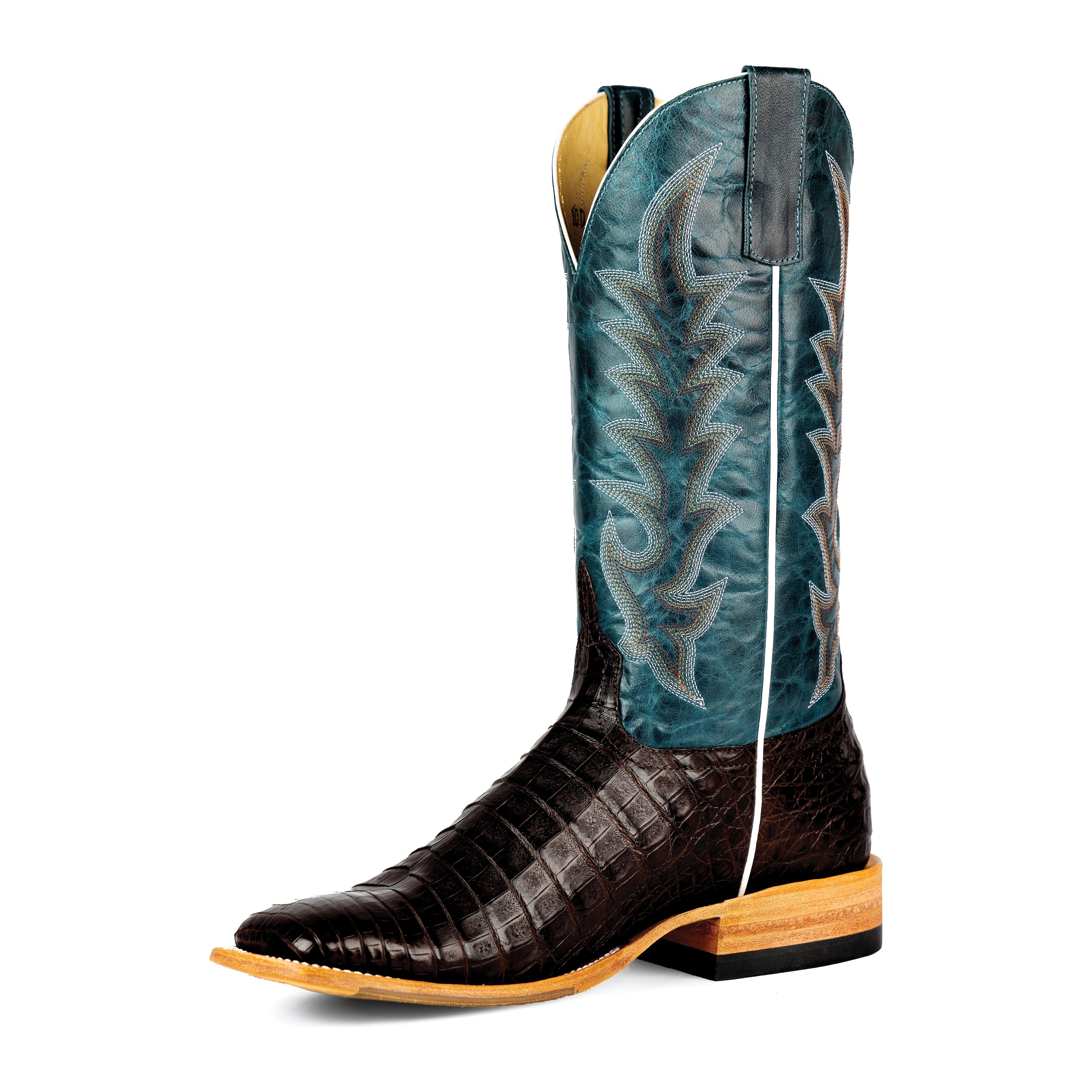 Men's Top Hand Chocolate Caiman Belly with 13" Navy Explosion Top HP8065 - Crazy House Western Wear