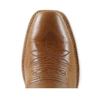 Brown leather boot sole with intricate stitching on a light gray background