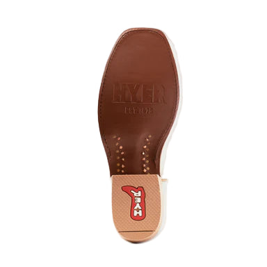 Brown shoe insole with 'HYER' branding on a light gray background