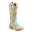 Light green cowboy boot with brown stitching on a white background