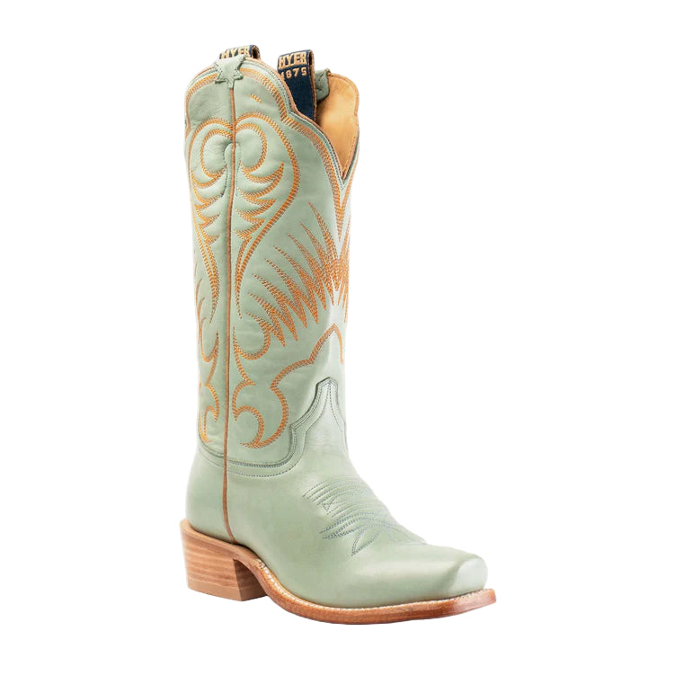 Light green cowboy boot with brown stitching on a white background