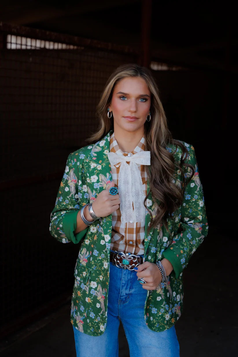 Howdy Hanny Women's Green Cowboy Corduroy Flower Horse Blazer