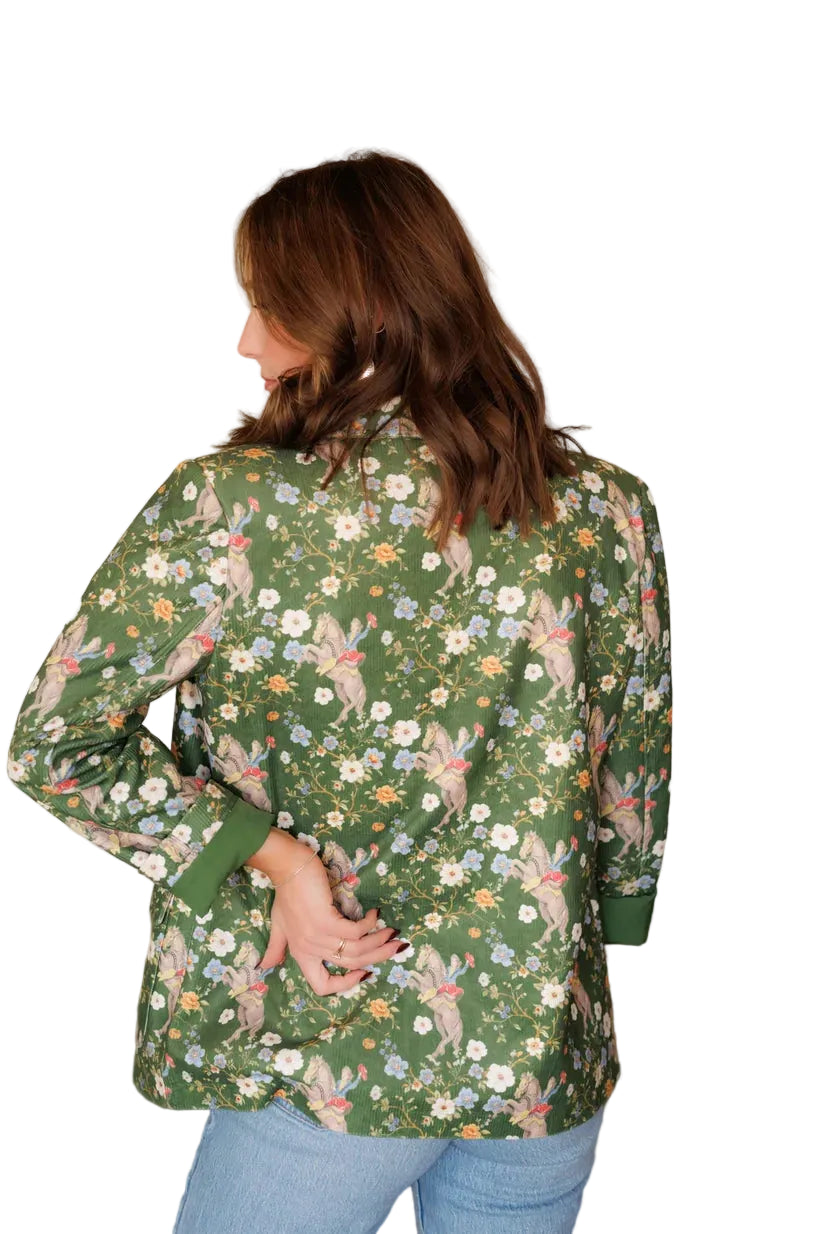 Howdy Hanny Women's Green Cowboy Corduroy Flower Horse Blazer