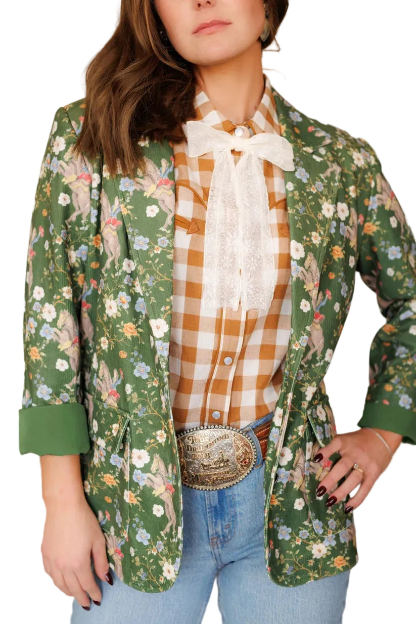 Howdy Hanny Women's Green Cowboy Corduroy Flower Horse Blazer