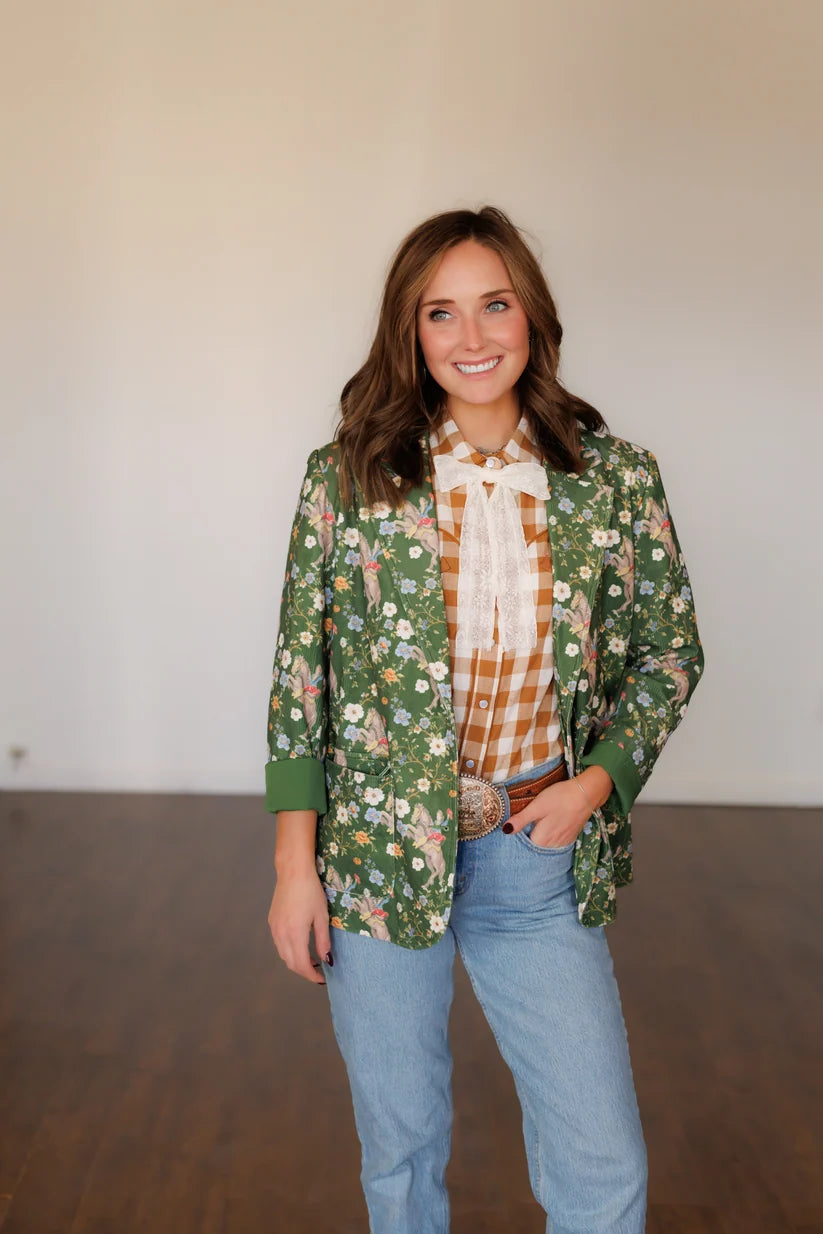 Howdy Hanny Women's Green Cowboy Corduroy Flower Horse Blazer