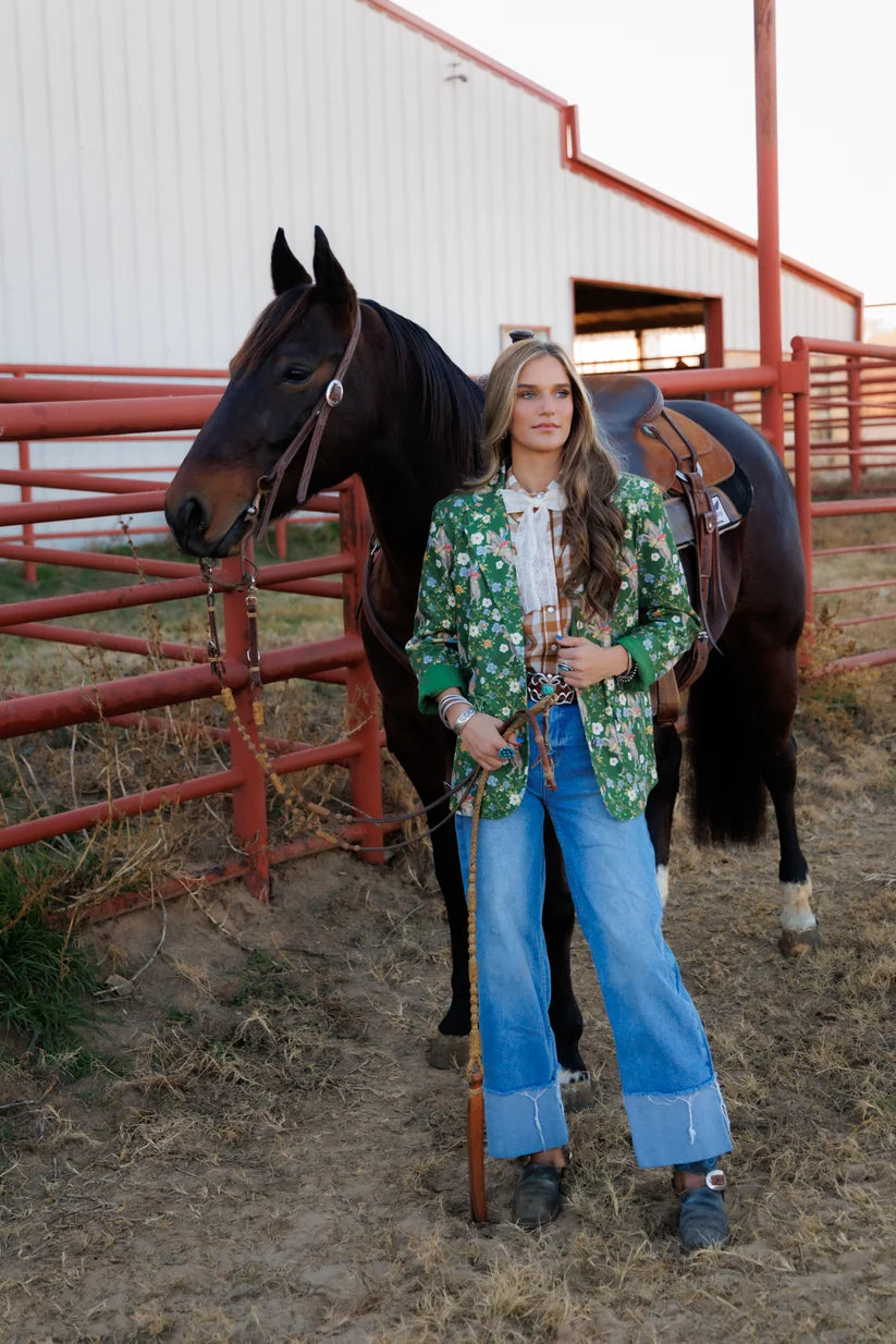 Howdy Hanny Women's Green Cowboy Corduroy Flower Horse Blazer