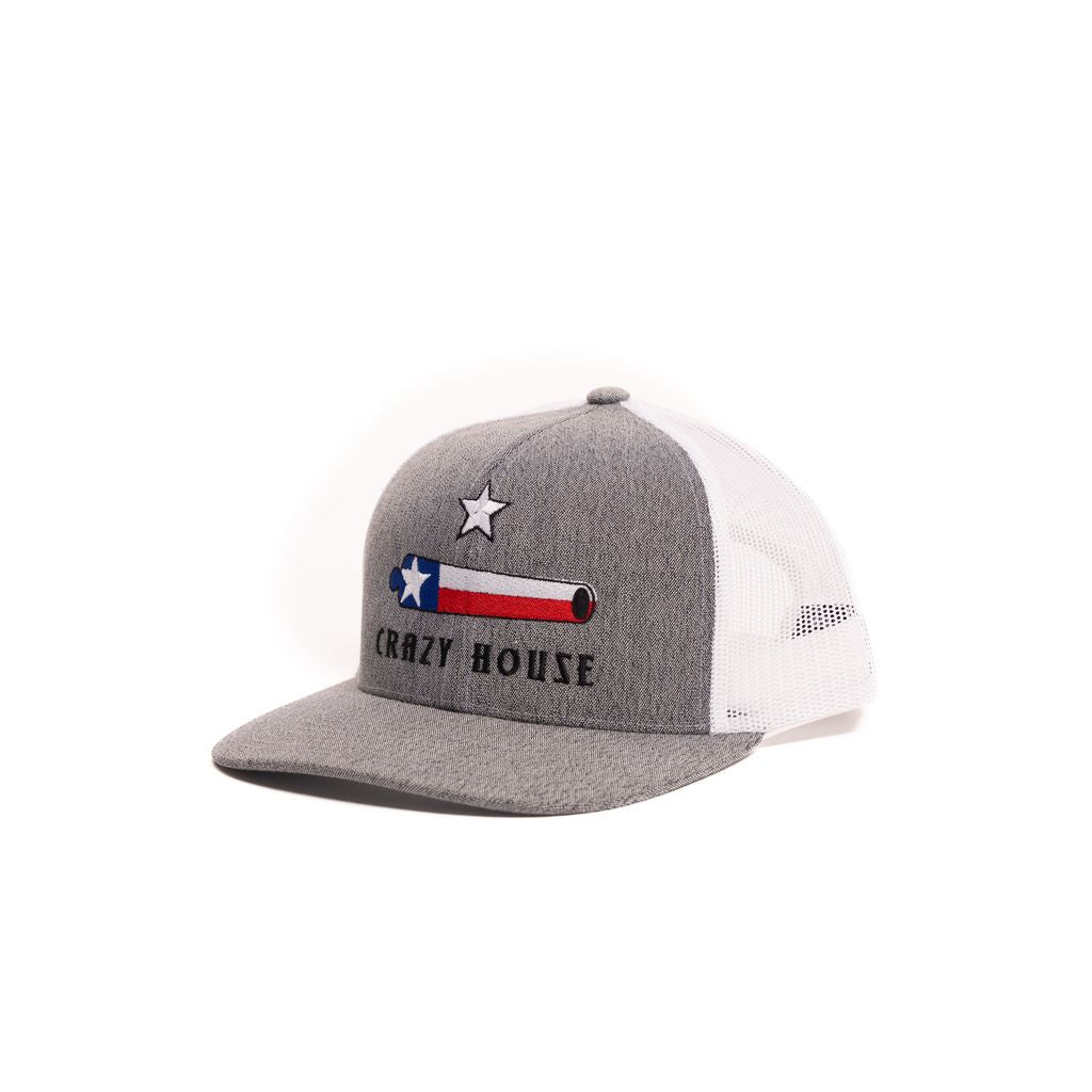 Crazy House Unisex Heather Gray and White Mesh Cap With Texas Cannon - Crazy House Western Wear