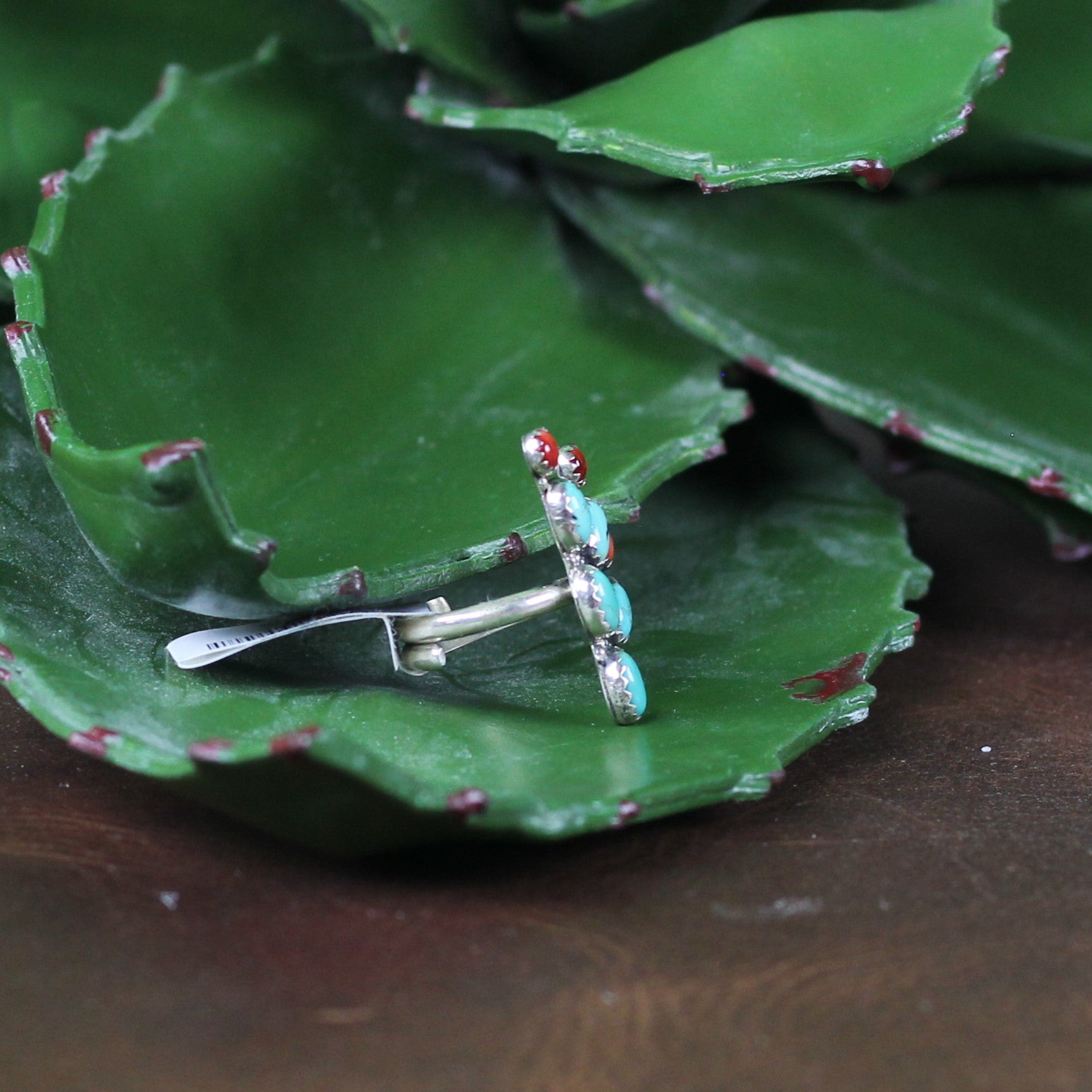 Women's Ted Secretaro Turquoise and Coral Cactus Ring - Crazy House Western Wear