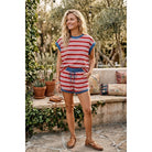 Women's Red White and Blue Colorblock Striped Short and Shirt Set SNS2295