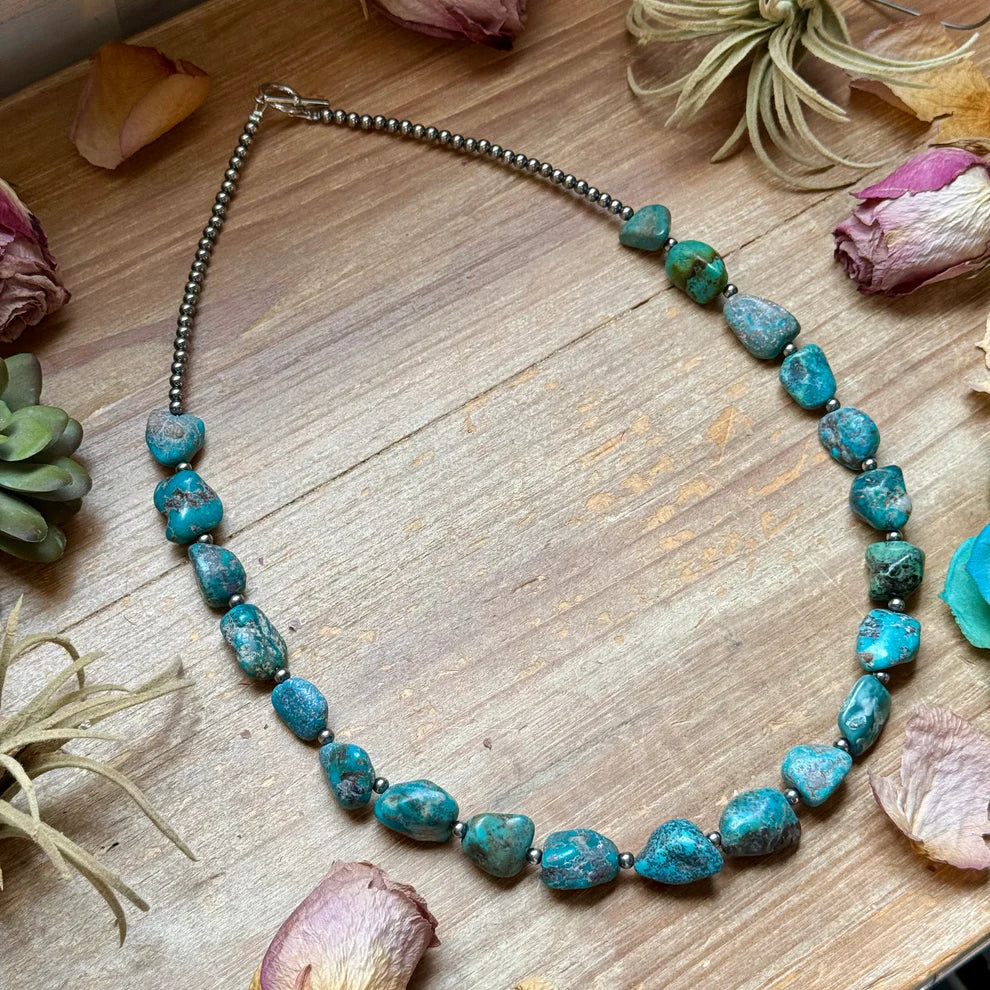 Bijoux Fab Blue Turquoise Nugget Necklace - Sterling Silver- 24" NEC-STE-045-TUR