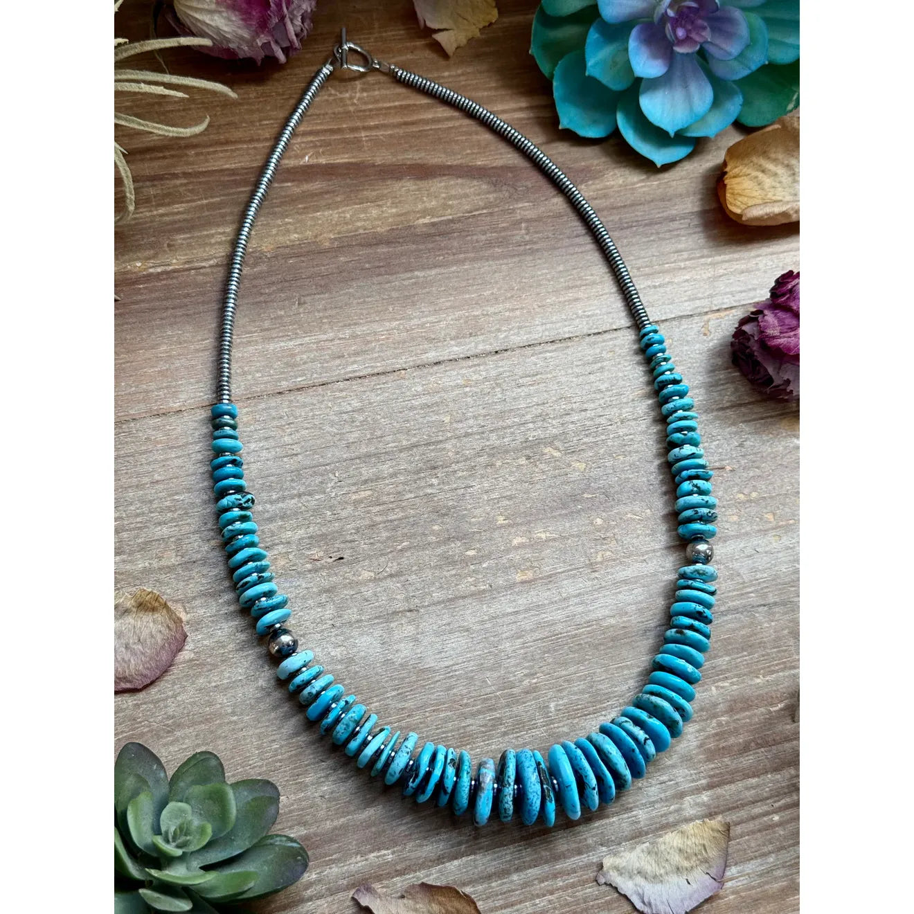 Bijoux Fab Turquoise Graduated Necklace with Sterling Silver Pearls & Hematite NEC-GRA-049-BLU