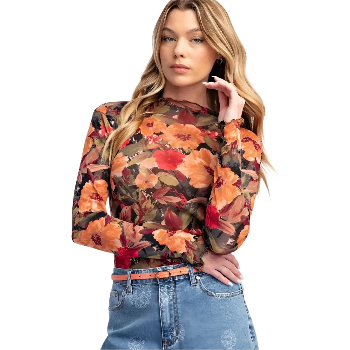 Floral Printed Mesh Top - Crazy House Western Wear