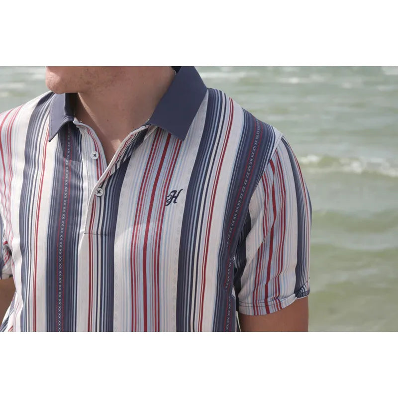 Men's Hooey "The Weekender" Gray Polo with Red and Blue Stripes HP2601NVST