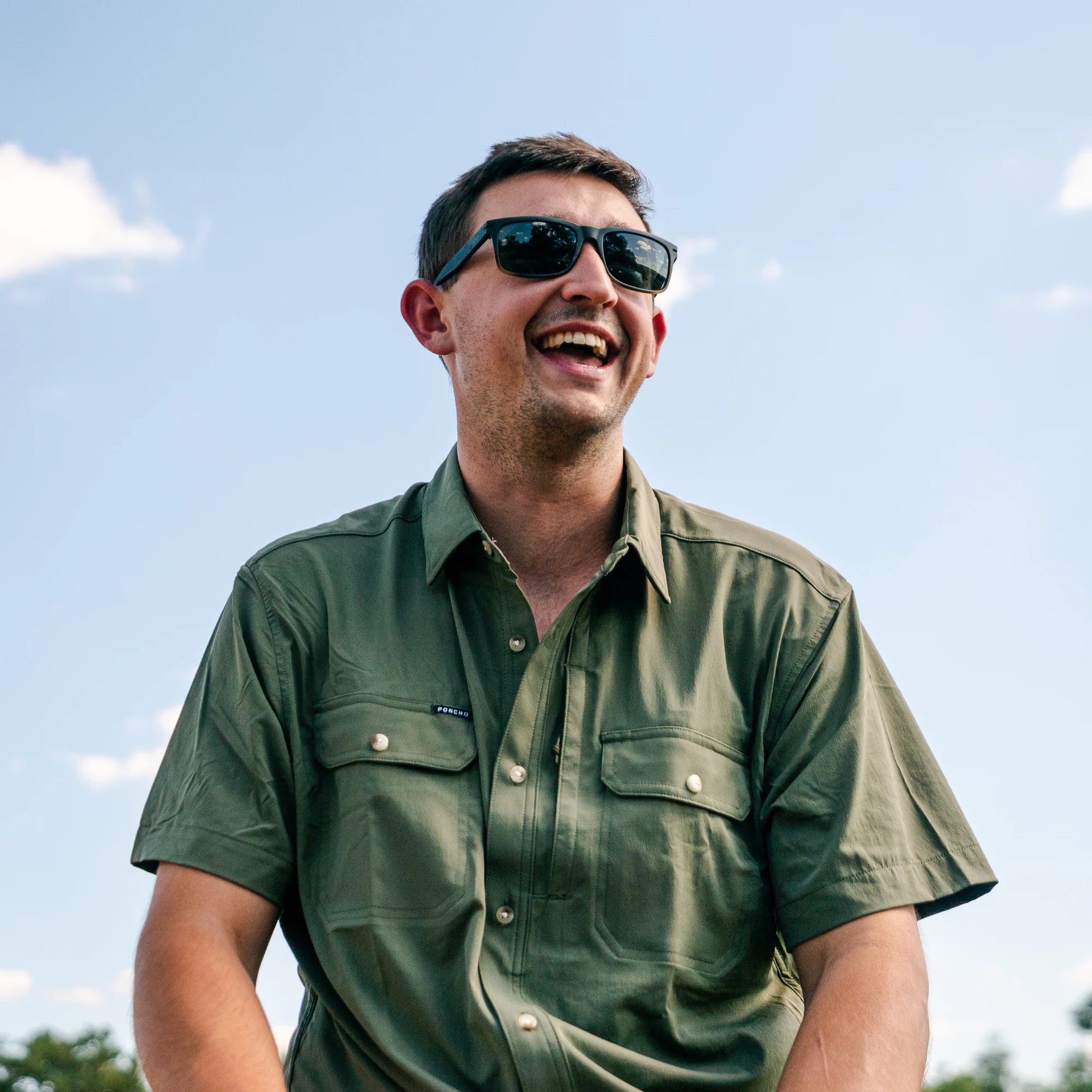 Men's Poncho "The Roaring Fork" Green Short Sleeve Button Up Shirt
